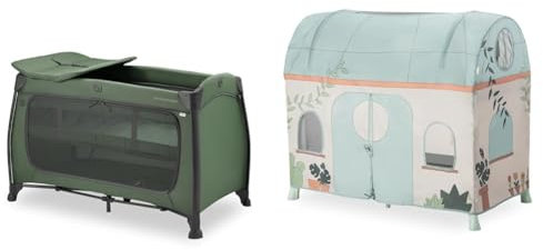 hauck Play N Relax Center Kinderreisebett inkl. Spielzelt, Dark Green Plants - ab Geburt bis 15 kg, mit Neugeborenen Einhang, Wickelauflage, XL Schlupf, Rollen, Tragetasche - Klein Zusammenklappbar