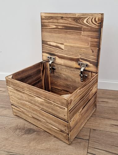 PYXIDAS Wooden Crates with Lid and Silent Closing Hinge – Perfect for Stylish Storage. Crafted from Durable Wood, Combining Strength and Elegance for Any Space. (Burnt effect, 40x30x27)