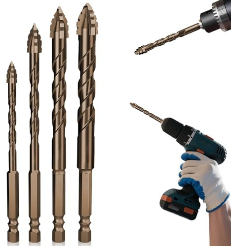 4-teilig Sägezahn-Exzenterbohrer-Set, VEINARDYL Hochfester Betonbohrer 6/8/10/12 mm für Stahl/Metall/Holz/Fliesen/Ziegel/Glas Vierschneidiger Exzenterbohrer mit Wellenschliff - Bronze