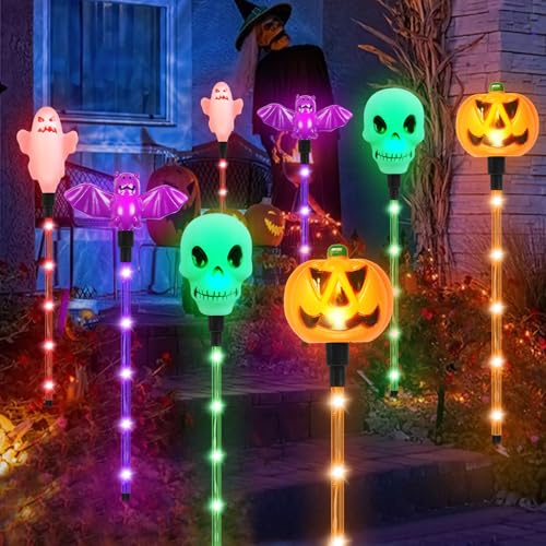 MaxAwe 8 Pack Outside Halloween Pathway Lights, 4 Colors 64 LED Stake Light Bat Skull Ghost Pumpkin Waterproof Outdoor Halloween Decorations w/ 8Modes Lighting for Yard Front Porch Lawn Holiday Decor