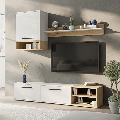 RAVIO Wohnwand Vento, Moderner TV-Schrank Set 180 cm mit Wandregal, Schwarz und Artisan Eiche, Wohnzimmermöbel mit Stauraum, Medien-Unterhaltungszentrum, Wohnwand 3-Teilig (Weiß matt/Artisan Eiche)