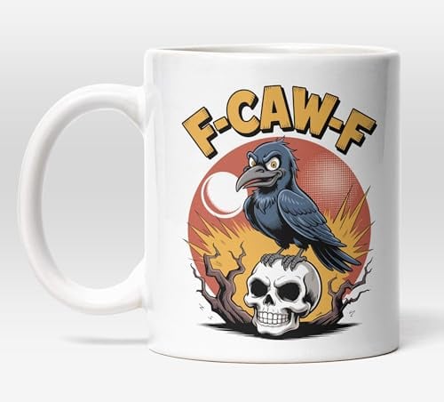 Millhouse Prints F-Caw-F Raven Skull Mug – Funny Dark Humor Coffee Cup – Gothic Bird Lover Gift – 11oz Ceramic Mug for Adults