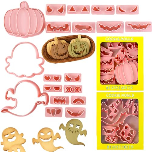 20 Stück 3D Fondant Kürbis Ausstechformen-Set mit Geistermotiv Stempel Kunststoff Keksausstecher Set, Geprägte Fondant-Ausstecher, Kunststoff drückbar Kürbiskopf Keksstempel für Partyzubehör