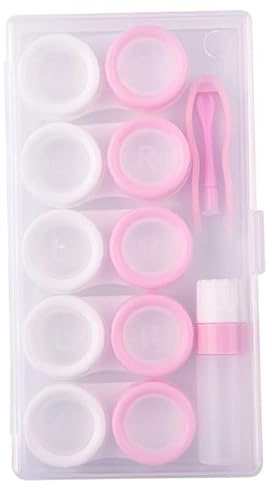 5 Pcs Contact Lens Cases, Contact Lens Holder Portable Eye Contacts Mini Case Container Set with L and R Caps Including Solution Bottle,Rubber-Tipped (Pink and White)