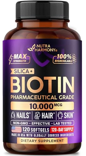 Biotin 10000mcg with Silicon - Pharmaceutical Grade Biotin Supplement for Women - Hair Growth Support, Skin & Nails - Max Strength & 100% Bioavailability - Made in USA - 120 Softgels, 120 Days Supply