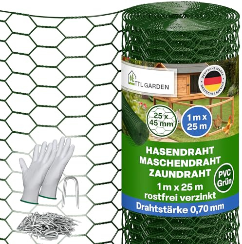 TTL GARDEN GUARD-LINE Hasendraht 1m x 25m grün - 25x45mm Maschenweite 0,7mm | - PVC beschichtet grün Rolle feinmaschig rostfrei verzinkt 0,70mm Draht Drahtgitter Kaninchendraht Maschendrahtzaun 25m x 1m