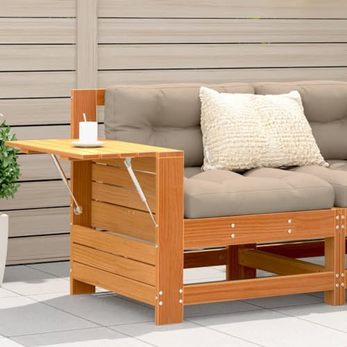 LoogCape Gartensofa mit Armlehne, Kissen, Wachsbraun, Massivholz Kiefer, 69x62x70,5 cm, klappbarer Beistelltisch, Outdoor Lounge Möbel