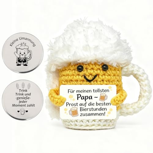 Bier Geschenkset Gestrickte, Bier Puppe mit Glücksbringer Münze 2-teilig | Gestrickte Bierbecher Anti Stress Pocket Hug Emotional Support für Papa, zum Vatertag Geburtstag Weihnachten für Männer