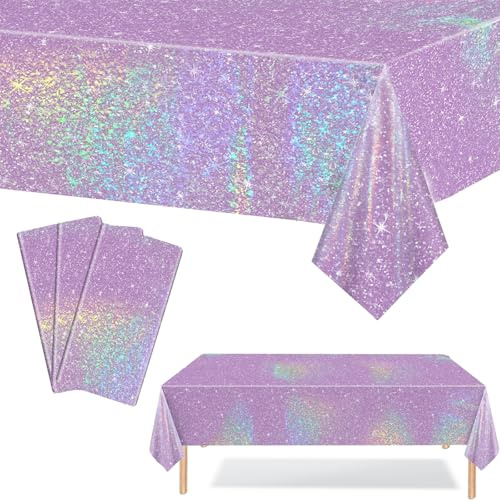 3Pcs Lilac Metallic Party Tablecloths, 137*274cm Glitter Party Table Cloth Disposable, Lilac Sparkly Plastic Tablecloth, Sequin Table Cover for Birthday, Wedding, Disco Kpop Party Table Decorations