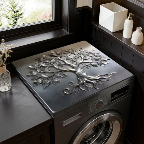 SUPERDANT Housse de Protection Imperméable Tapis Lave Linge 60x50 cm Motif Arbre de Vie Argent Couvercle de Machine à Laver Haut pour Séchage Plan de Travail Décoratif