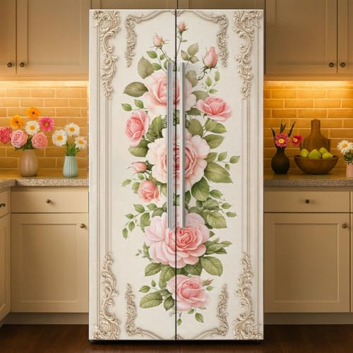 GOMAKERER 2 Pcs Vintage Pink Rose Removable Refrigerator Wraps, Self-Adhesive Floral Ornate Fridge Door Mural Vinyl Freezers Panel Cover Sticker for Kitchen Bar Decor, 41.5x200cm