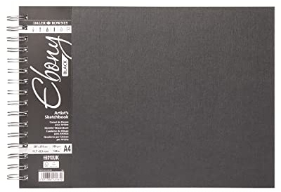 Daler-Rowney Ebony Lightly Textured 160gsm A4 Landscape Sketchbook, Spiral Bound, 40 Black Sheets, Ideal for Professional Artists & Students