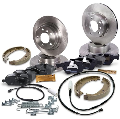 BESTPRICE Bremsenset inkl. Bremsscheiben vorne Ø 300 mm Belüftet + hinten Ø 296 mm Voll + Bremsbeläge vorne und Bremsbacken hinten + Verschleißkontakt, Kompatibel mit BMW 3 (E90), 3 Coupe (E92)