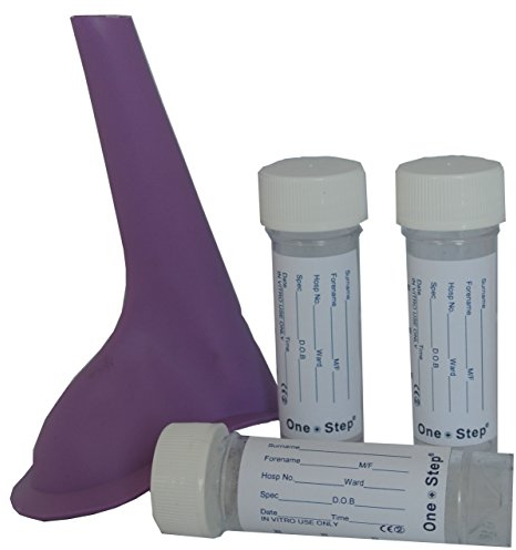 One Step: 50 x Urine Sample Bottles Specimen Pot Graduated Container with Lid & Label 30ml + Re-usable Female Urinal