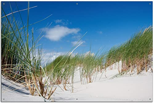 Wallario Outdoor-Poster für Garten oder Balkon Düne am Strand unter blauem Himmel, Motivbanner Größe: ca. 60 x 90 cm, Outdoor-Bild