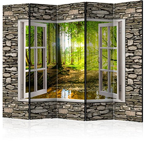 RAUMTEILER/PARAVENT B&D XXL Raumteiler Fensterblick Fenster Landschaft Foto Paravent 225x172 cm beidseitig auf Vlies-Leinwand Bedruckt Trennwand Spanische Wand Sichtschutz Raumtrenner grün beige