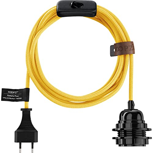 Hoopzi - Fil électrique en Tissu de 4,5M pour Éclairer Partout Chez Vous - Douille Ampoule E27 avec Interrupteur - Créez Votre Suspension Luminaire, Baladeuse, Lampe Suspendue - Bala Jaune