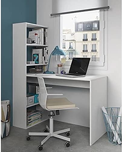 Dmora - Scrivania Denton, Scrittoio Multifunzione Reversibile con libreria 5 Ripiani, Tavolo da Studio o Ufficio Porta PC portalibri, 120x53h144 cm, Bianco