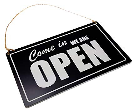 Open/Closed, Shop Door Sign supplied with twine - Black and White, Engraved, Reversible, Double Sided, hanging sign for your business. Dispatched from the UK.