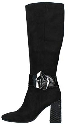 Stivali Alti Donna Cafe'Noir in camoscio Nero con Fibbia Grande e Pelle pitonata Lucida. Chiusura con Zip Laterale. Tacco Robusto da 8,5cm. N.38