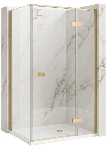Rea - Cabina Doccia Atlas, Oro Spazzolato Destra 120X90, D'Angolo Senza Piatto Doccia, Vetro Di Sicurezza Temperato Trasparente 6mm, Inclinabile, 120 X 90 X 200 cm