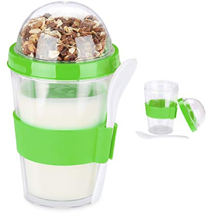 Relaxdays 2er Set Gläser für Müsli, Joghurt, Müsli zum Mitnehmen, inklusive Löffel, 400 ml, Höhe 16 x 8 cm, grün, 1 Stück