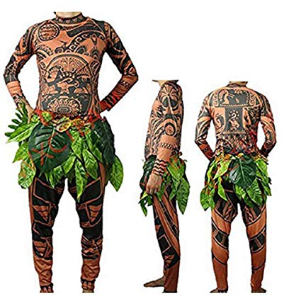 Maui Tattoo T-Shirt/Hose, Halloween, Erwachsene, Herren, Damen, Cosplay-Kostüm mit Blätterrock (Erwachsene, XL)