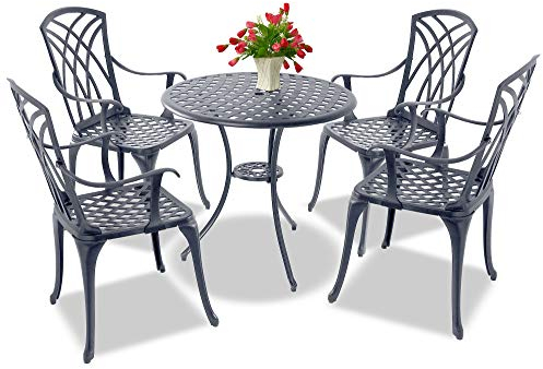 Homeology OSHOWA Grey Luxurious Garden & Patio Table & 4 Large Chairs with Armrests Cast Aluminium Bistro Set