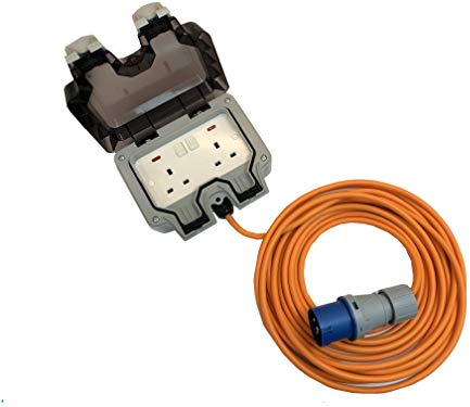 2G 2 Gang IP66 16A 240V Camping Caravan Motor Home Outdoor Extension Lead Waterproof Double Socket 20M Orange Flexible Cable