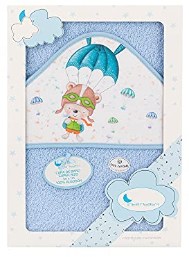 Interbaby - Capa de Baño Bebe Azul | Toalla Bebe con Capucha 100% Algodón, 100x100cm, Unisex | Suave, Cómoda, Secado Rápido | Ideal Recién Nacidos, Bebes y Niños Pequeños | Diseño Paracaidista