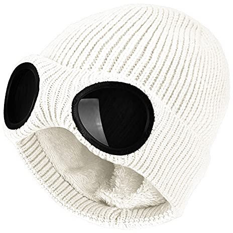 YzoTek Unisex Knitted Goggles Beanie - Winter Stylish Skull Warm Cap, Outdoor Sports Fashion Fleece Lining Stretchy Hat White