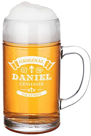 Maßkrug mit gravierten Wunschmotiv - Bierglas 1000 ml - Personalisiert mit Namen - Bierkrug Oktoberfest - Geschenk zum Geburtstag - Perfekt für Papa, Opa