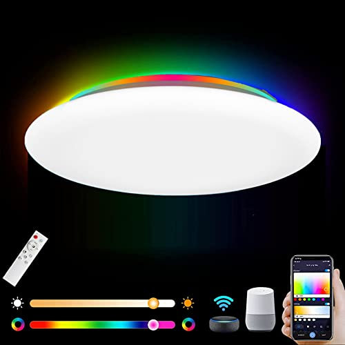 ANKBOY LED Lámpara de Techo con Mando a Distáncia APP Cambio de Color RGB Regulable Musical Plafon Luz con Altavoz Bluetooth WiFi Compatible con Alexa Google Home para Salón Dormitorio Ronda Blanca