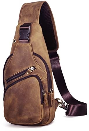 Le'aokuu Herren Echtes Leder Brusttasche Umhängetasche Sport Outdoor Messenger Bag Wanderrucksäcke(8015 1 Braun 2)