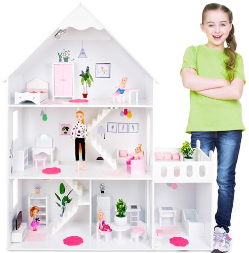 Green series Grande Maison Poupee Bois - de poupée Barbie, Version avec Accents Roses, avec 57 Accessoires, Maison de Poupee modèle GS0023B-1 (Premium)