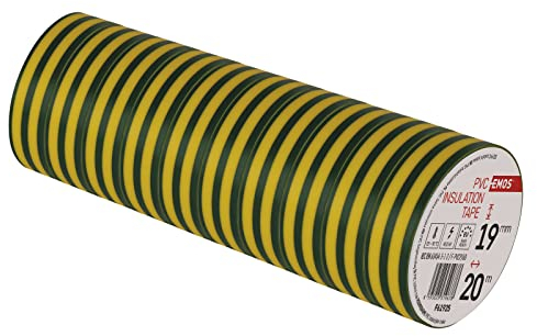 EMOS PVC-Isolierband Gelb-Grün 10er Pack, 19 mm x 20 m, 0,13mm Bandstärke, selbstklebend, hohe Spannungsfestigkeit und Anwendungstemperaturbereich, UV-beständig, wasserdicht, ohne Textilgewebe