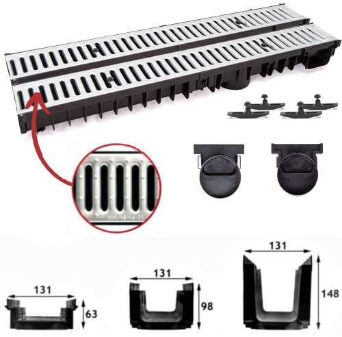 ZMMMAXPOL Megaastore Entwässerungsrinne Tiefe: 63mm | 98mm | 148mm Belastungsklasse A15 | Die Neue Generation von Gitterrosten aus Edelstahl | Rostfreier Stahl (2 Meter, Tief - 148 mm)