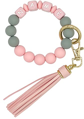 Bracelet personnalisé porte-clés élastique Silicone perlé porte-clés Bracelet Bracelet gland Portable maison voiture clés anneau (Pink+Pink)