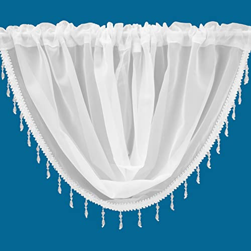 Plain Beaded Voile Swags Net Curtains Voile Swag Valance Pelmet (White)