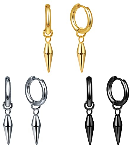 feilok 3 Paar Edelstahl Ohrringe für Herren Damen Ohrringe Männer Creolen, Spike Ohrring Hängend Gold Silber Schwarz Creolen mit Anhänger Set