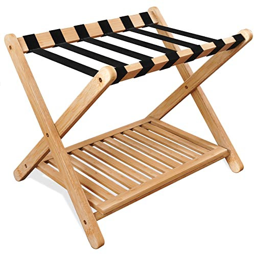 SMIBUY Porte-bagages, support de valise pliable en bambou avec étagère de rangement pour chambre d’amis, chambre, hôtel, robuste (naturel et noir)