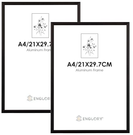 ENGLORY A4 Photo Frame Metal Aluminium Set of 2 with Perspex Front for Wall Mount, 21 x 30 cm, Black Picture Frame for Certificate Poster Wall Decoration