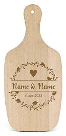 Hochzeitsgeschenk personalisiert Schneidebrett Vintage Blütenkranz Herzen graviert - Hochzeitspaar Name & Hochzeitsdatum - Hochzeitsdeko Tischdeko 34 x 15 cm