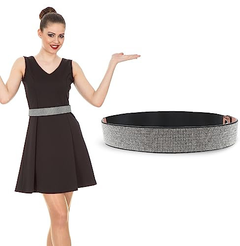 Bewudy Rhinestone Elastische Gürtel - Frauen PU Glänzende Kristall Stretch Taille für Damen, Stretchy Kleid Mode Sparkle Bling (Silber)