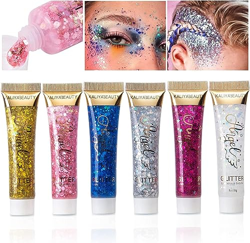 Teekerwan 6 pezzi Face Body Glitter, Concert Glitter Gel, Face Eye Hair Music Festival Rave Accessori Trucco, Sparkling Body Glitter Gel per le donne (01)