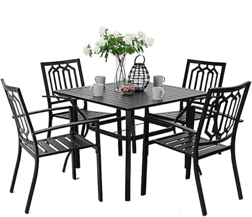 PHI VILLA Metal Garden Furniture 4 Seater Square Table and Stackable Chairs | E-coated Rust-resistant Steel Patio Table and Chairs, Table with 4cm Parasol Hole, Saving Space, Black