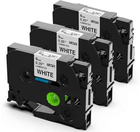 3x Aze 221 Tz Tape Cassette 9mm White Kompatible mit Brother Beschriftungsband 9mm Tze-221 Tze 221 Tz-221 Tze221 Tape 9 mm Black on White, Kompatible für Brother P Touch PT-H107B H105 900 D200 D400