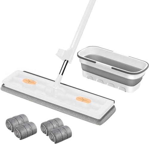 Kit Balai Serpillère et Seau, Grande Serpillière Plate avec Tampons en Fibre Super Absorbants et Utilisation Humide et Sèche, Compression Automatique de l'eau (Set, Bleu)