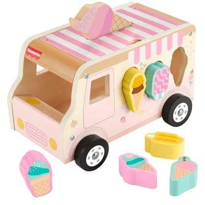 Fisher-Price Camión heladería, Juguete de imitación con 8 Bloques de Madera con certificación FSC, Encaja los Helados en el Coche, Inspirado en Montessori, Regalo para bebés +18 Meses, HXT86