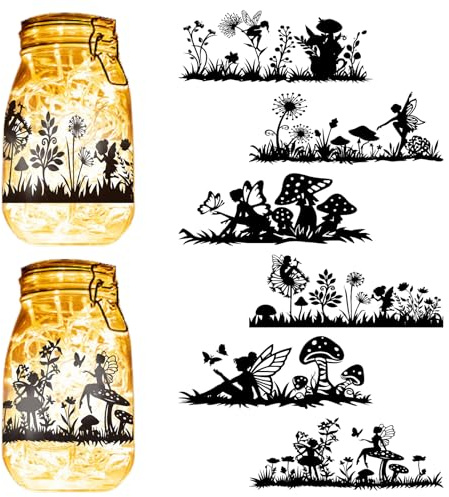 CREATCABIN 6 Stück Feenpilz-Silhouetten,Einmachglas-Dekor,PVC,Lasergeschnittene Feen,Scrapbook-Karton,Solar-Laterne,Hängende Ausschnitte,Ornamente Für Laterne,Milchglas,Fenster,20x9cm,Ohne Aufkleber